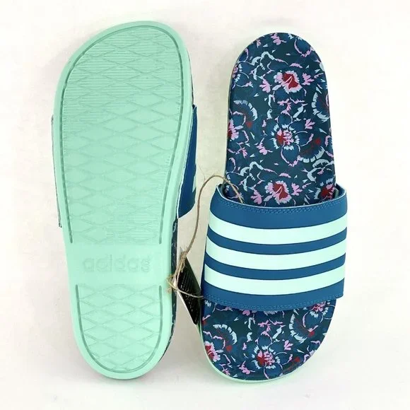 Adidas Adilette Comfort Blue Floral Women's Slides Teal Uncommon Colorway - Picture 2 of 10